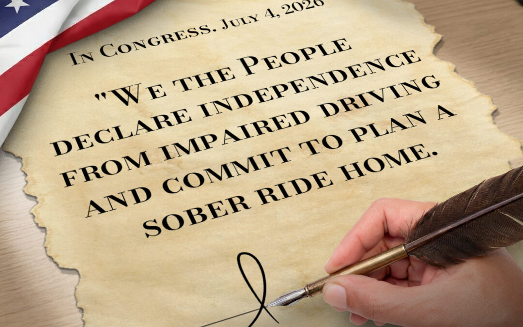 An American flag, car keys, and an individual signing a declaration of independence from impaired driving. Buzzed driving is drunk driving.